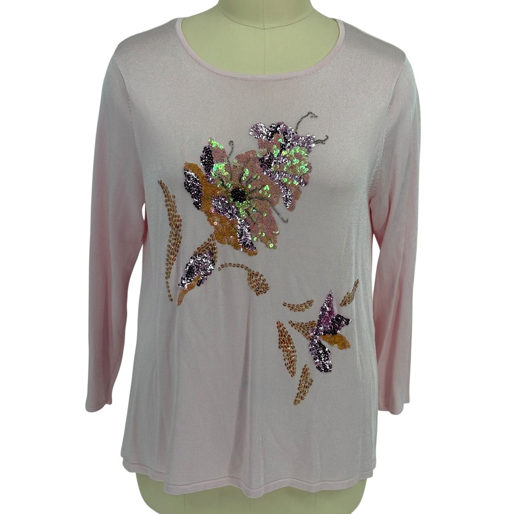 Victor Costa Occasion Sweater Top Pink Sequin Floral Embellished 1X
